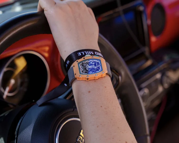 A Richard Mille watch photographed at the wheel